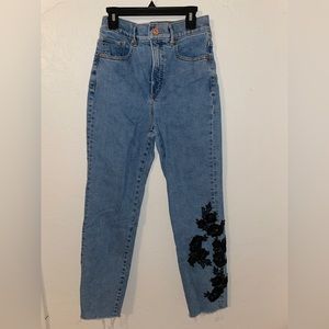 Express High Rise Jeans with Black floral lace patch, size 2R.